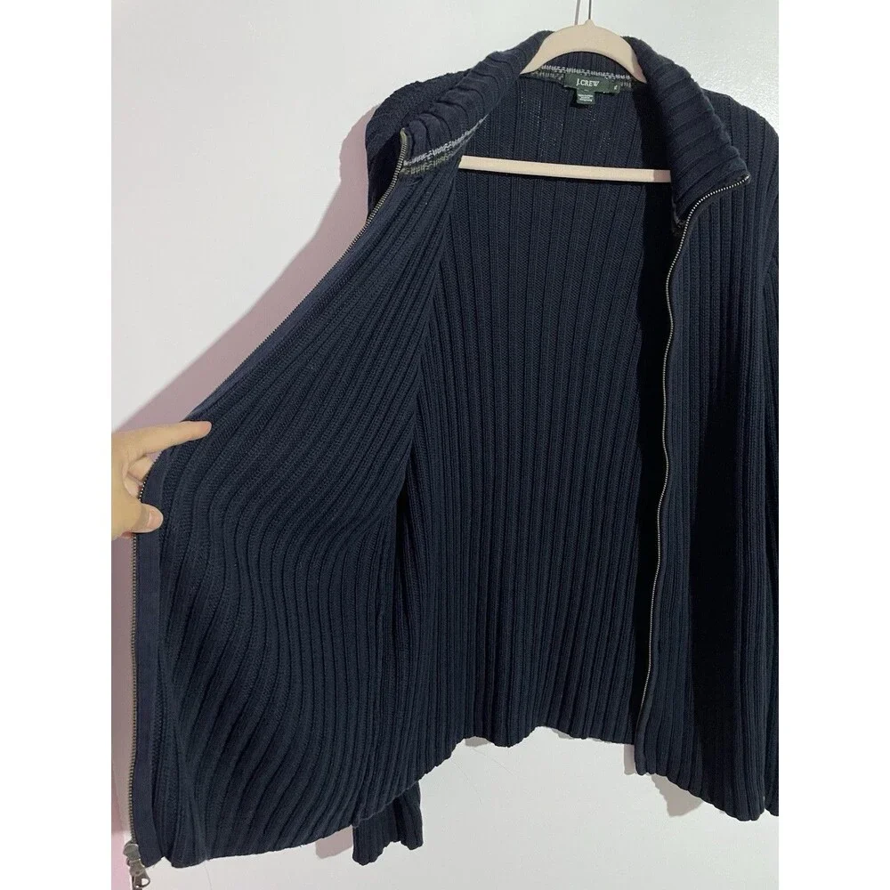 J Crew Cardigan Sweater Mens XL Blue Ribbed Full Zip‎ Mock Neck Preppy Academia